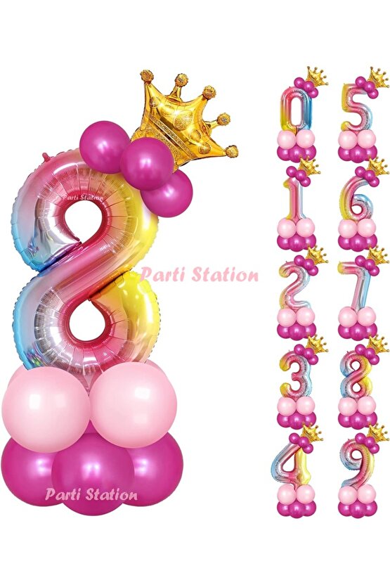 Gökkuşağı Rakam Balonlu 8 Yaş Doğum Günü Parti Karşılama Balon Seti Rengarenk Konsept Doğum Günü