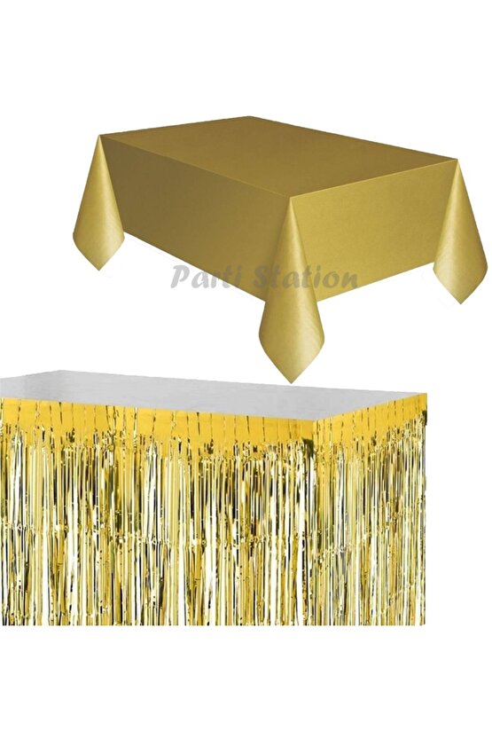 Masa Örtüsü Masa Eteği Plastik Altın Gold Renk Masa Örtüsü Altın Renk Metalize Sarkıt Masa Eteği Set