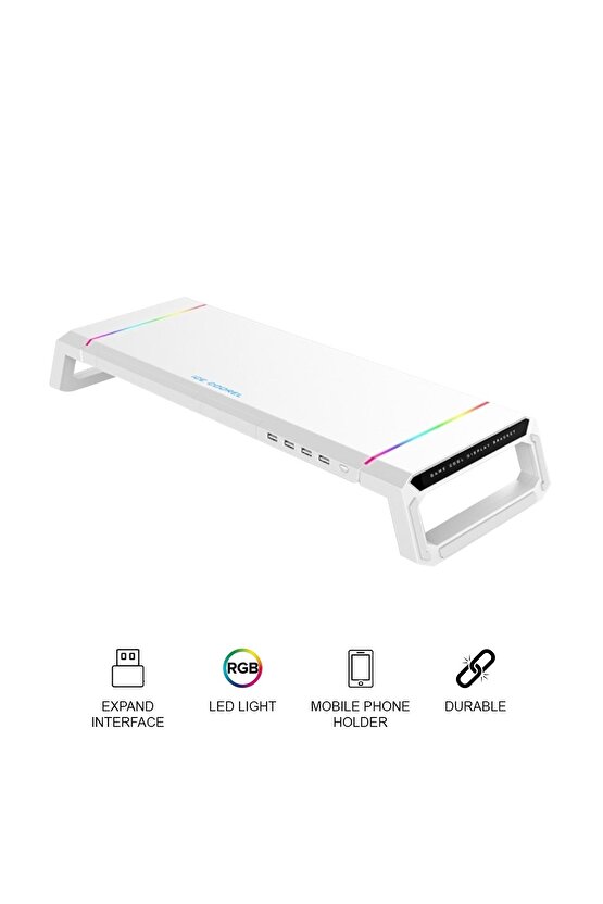 Laptop Sehpası RGB Işıklı Mönitör Standı Ekran Altlığı 4 Usb Hub Telefon Tutuculu