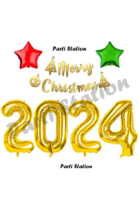 Yılbaşı 2024 Altın Gold Renk Rakam Balon Seti 76 cm Yılbaşı Merry Christmas Banner Balon Seti