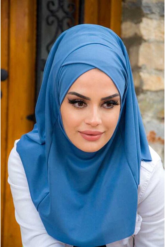 Indigo Çapraz Bantlı Medium Size Hijab - Hazır Şal
