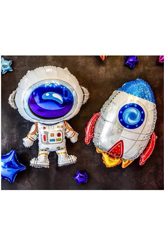 Gümüş Renk Rakam Balon Uzay Konsept 1 Yaş Doğum Günü Balon Set Galaksi Astronot Space Roket Balon