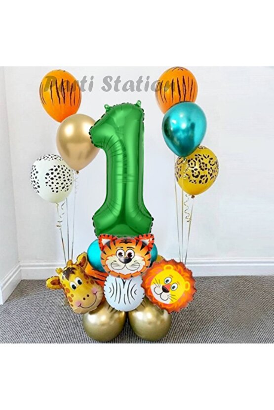Safari Parti Balon Seti 1 Yaş Safari Jungle Konsept Doğum Günü Balon Karşılama Set Yeşil Rakam Balon