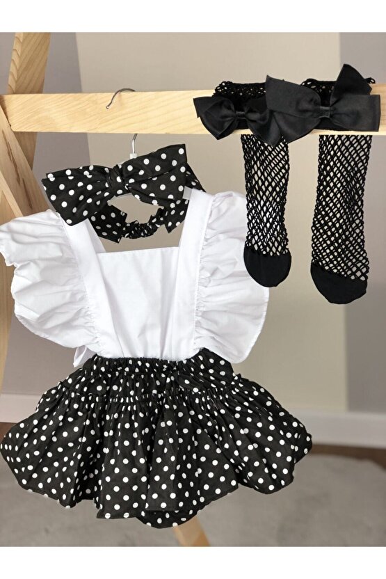 Kız Çocuk Siyah Puantiye Desen Salopet Bandana File Çorap Set