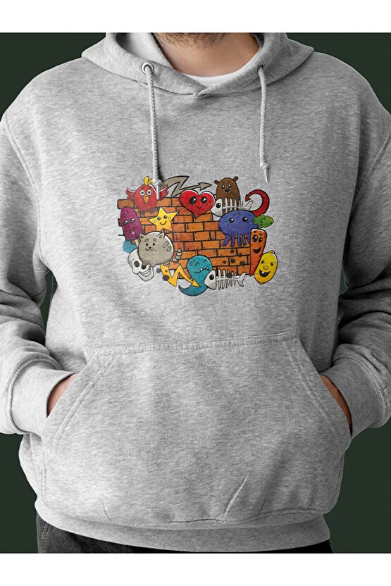Grafiti Baskılı Tasarım 3 Iplik Kalın Gri Hoodie Sweatshirt