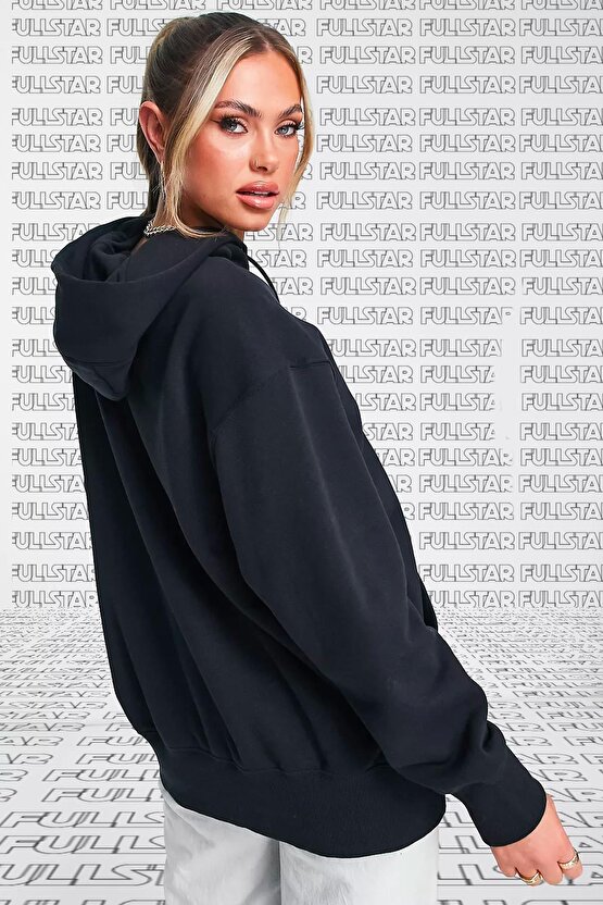 Sportswear Fleece Hoodie Oversized Fit Kapüşonlu Bol Kesim Sweatshirt Siyah