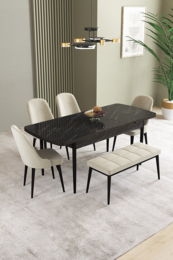 Ikon Siyah Mermer Desen 80x132 Mdf Açılabilir Mutfak Masası Takımı 4 Sandalye, 1 Bench