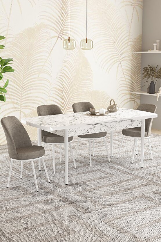 Rita Beyaz Mermer Desen 80x132 Açılabilir Mutfak Masası Takımı 4 Adet Sandalye