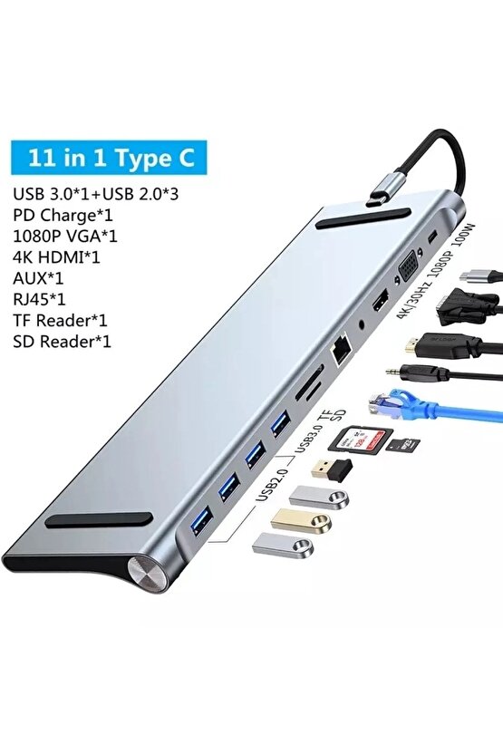 Type C Adaptör 11 In 1 Usb Hub Hdmi Lan Vga Sd Tf Kart Usb Type C Macbook Çevirici