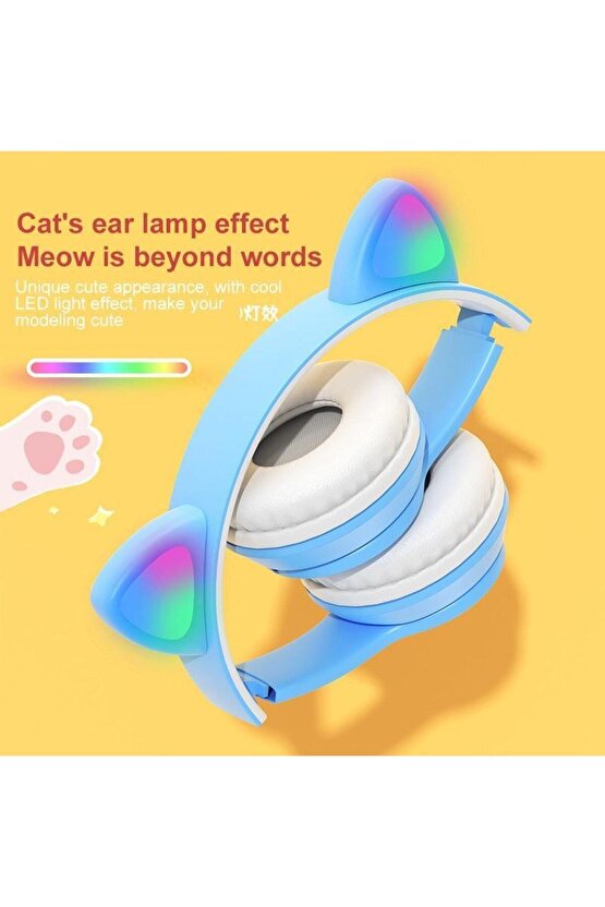 P47m Sevimli Renkli Kedi Kulak Bluetooth Kulaklık Mavi