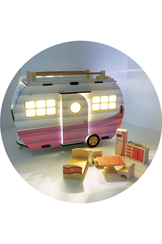 Led Işıklı Ahşap Oyuncak Karavan Ve 6 Parça Minyatür Ahşap Oyuncak Set