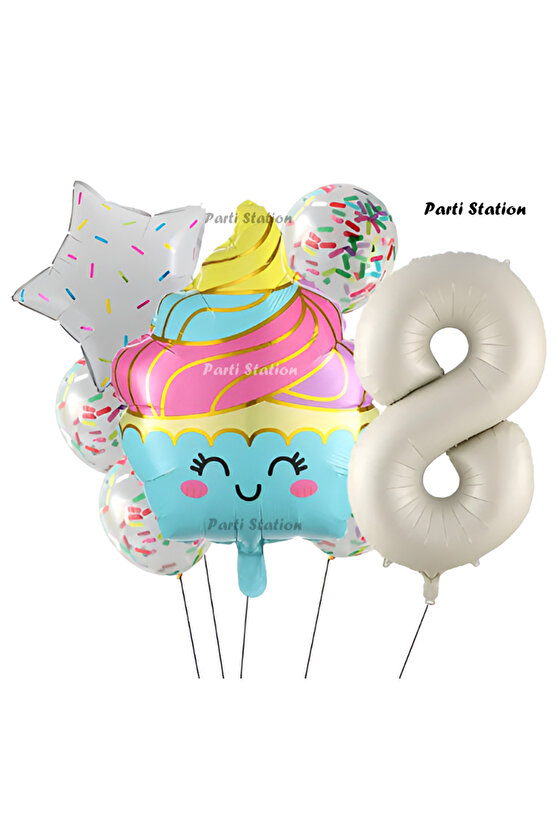 Dondurma Cupcake Konsept 8 Yaş Doğum Günü Balon Set