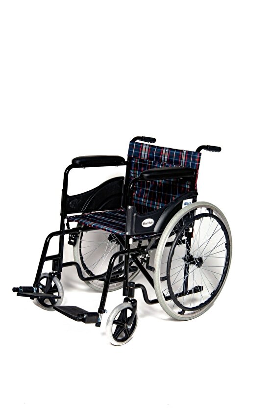 E100 Standart Manuel Tekerlekli Sandalye Ekose Kumaş- Hasta Transfer Sandalyesi
