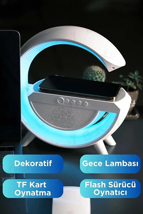 Telefon Kablosuz Hızlı Şarj Aleti Masa ve Gece Lambası Bluetooth Hoparlör ve Fm Radio Powerbank