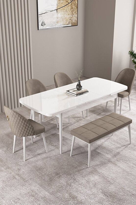 Milas Beyaz 80x132 Mdf Açılabilir Yemek Masası Takımı 4 Sandalye, 1 Bench