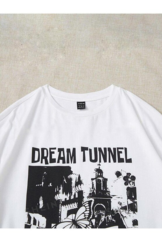 KadınKız Dream Tunnel Baskılı Bisiklet Yaka Oversize Tişört