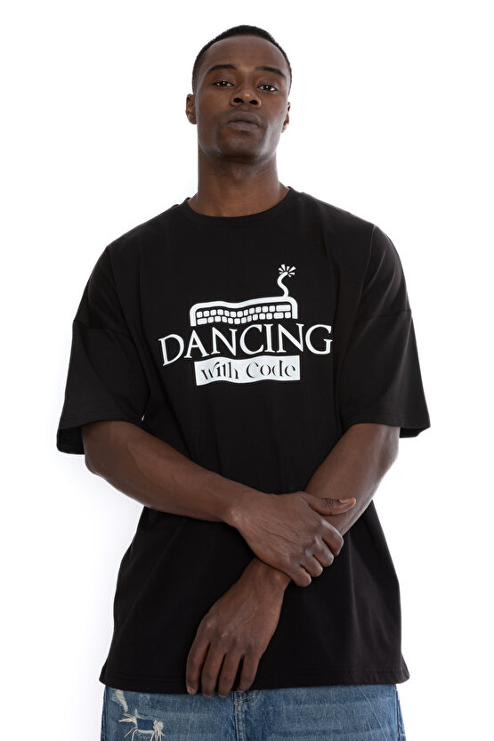 %100 Pamuk Siyah Unisex Oversize Kısa Kollu T-Shirt | Dancing With Code