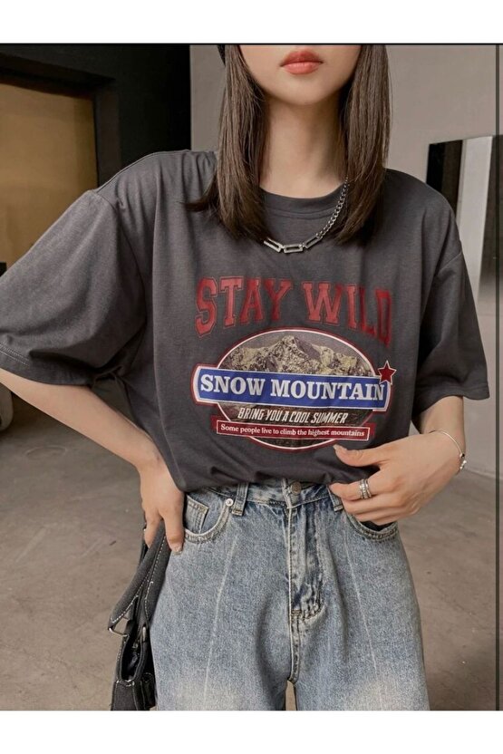 Kadın Oversize Snow Mountain Baskılı Antrasit Penye Tshirt