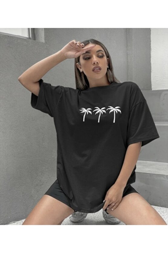 Kadın Oversize Siyah Palmiye Tshirt