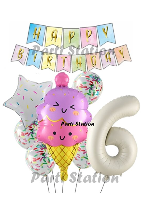 İce Cream Dondurma Konsept Doğum Günü 6 Yaş Balon Set Yaz Tema Sevimli Dondurma Folyo Balon Set