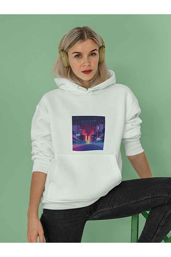 Vapor Wave City Baskılı Tasarım 2 Iplik Şardonlu Beyaz Hoodie Sweatshirt