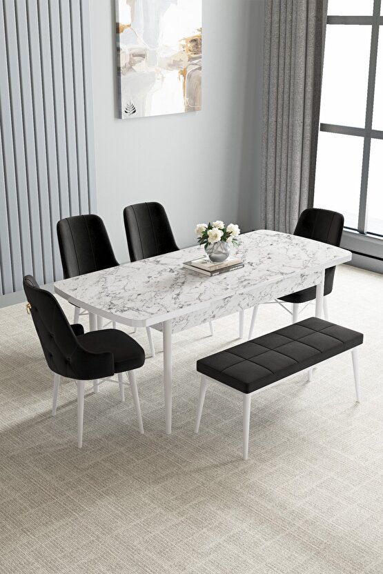 t Beyaz Mermer Desen 80x132 Açılabilir Mutfak Masası Takımı 4 Sandalye, 1 Bench