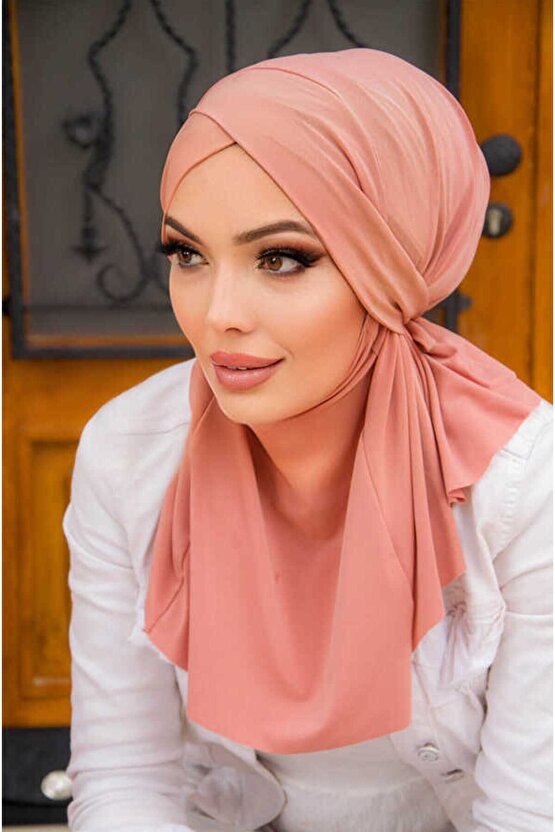 Açık Gülkurusu Çapraz Bantlı Medium Size Hijab