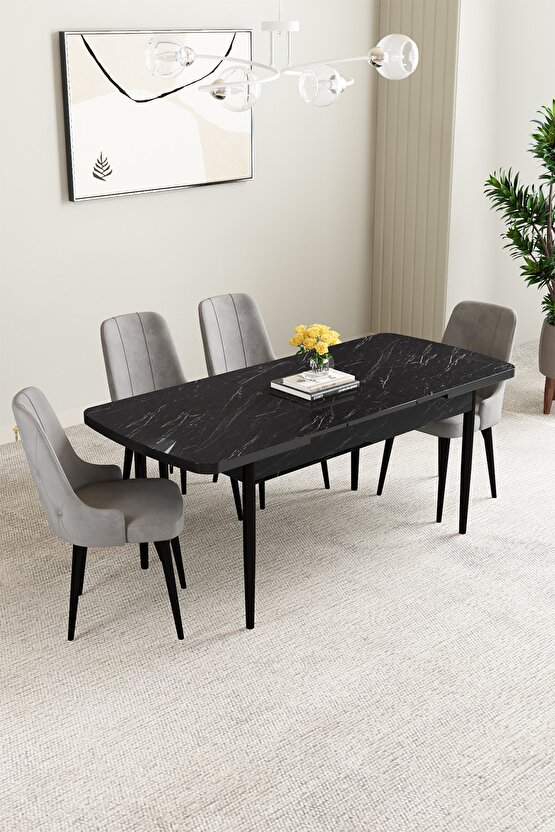 Clara Siyah Mermer Desen 80x132 Açılabilir Mutfak Masası Takımı 4 Adet Sandalye