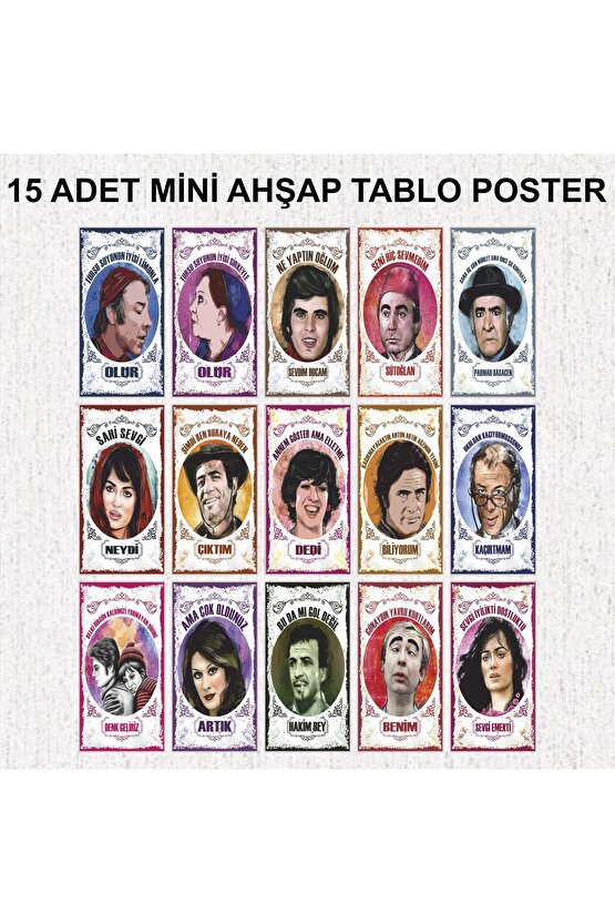 yeşilçam türk sineması filmler oyuncu sanatçı replikleri dekorasyon tablo 15li mini ahşap poster set