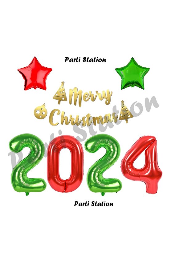 Yılbaşı 2024 Kırmızı Yeşil Renk Rakam Balon Seti 100 cm Yılbaşı Merry Christmas Banner Balon Seti