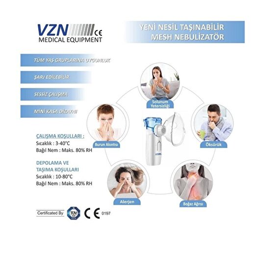 Vzn Yeni Nesil Şarj Edilebilir Tasinilabilir Mesh Nebulizator Cihazı