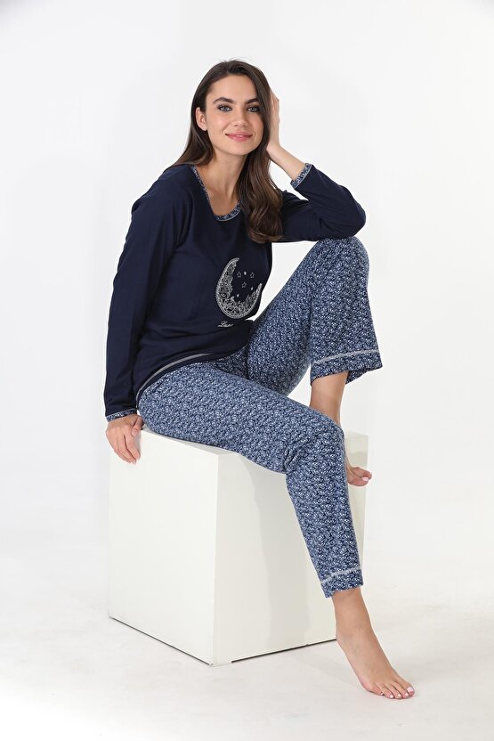 Kadın Lacivert Yumuşak Kumaş Pijama Takımı 98142
