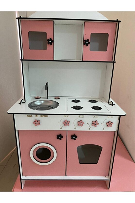 Büyük Boy Ahşap Oyuncak Mutfak Seti, 6.4mm 106x60cm, Montessori Mutfak, Çamaşır Makinalı