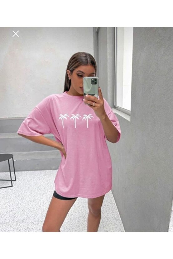 Unisex Oversize Palmiye Baskılı Pembe Tshirt