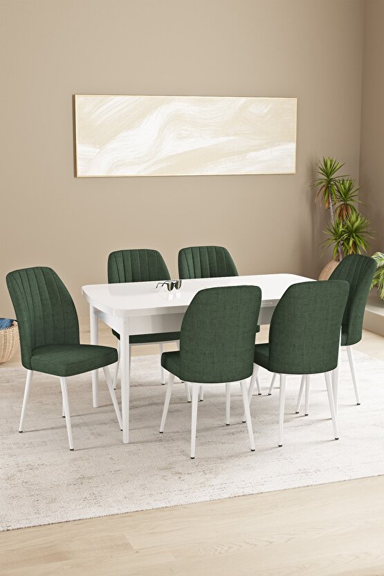 Floryn Mdf Beyaz Açılabilir 80x132 Cm 6 Sandalyeli Mutfak Masası Takımı