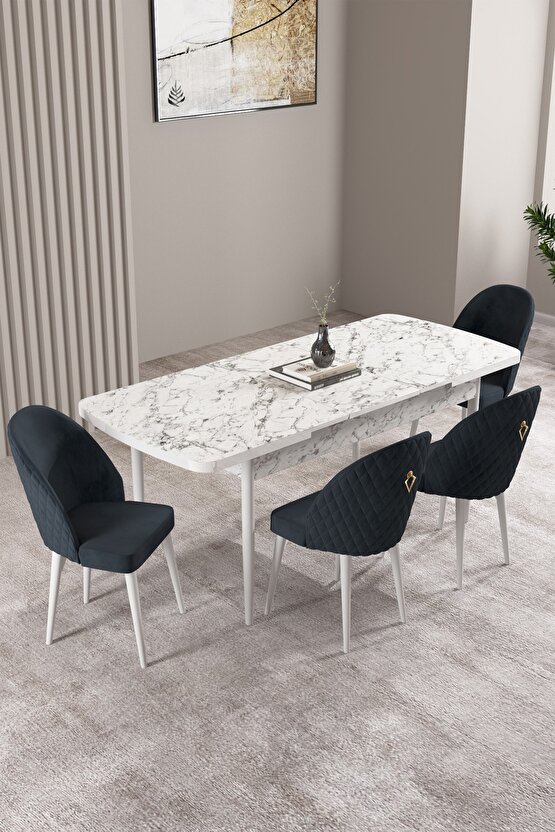 Milas Beyaz Mermer Desen 80x132 Mdf Açılabilir Mutfak Masası Takımı 4 Adet Sandalye