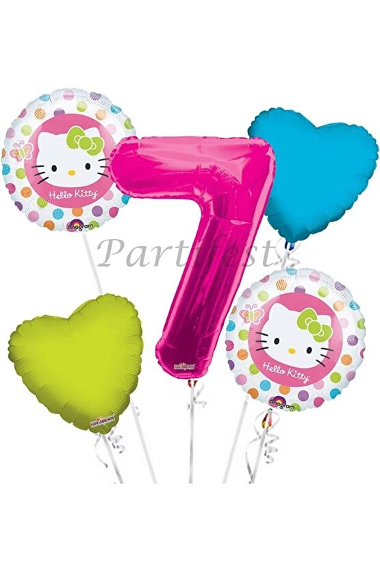 Hello Kitty 7 Yaş Balon Set Hello Kitty Folyo Balon Set Konsept Doğum Günü Set Yaş Balon