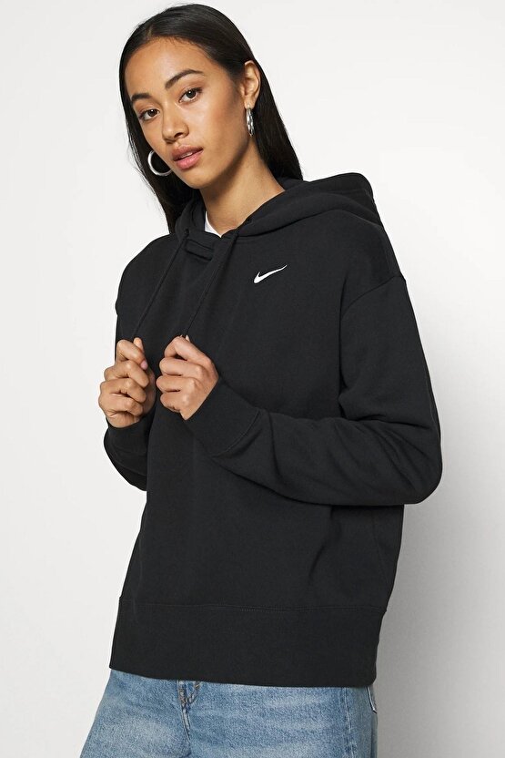 Sportswear Fleece Hoodie Oversized Fit Kapüşonlu Siyah Sweatshirt