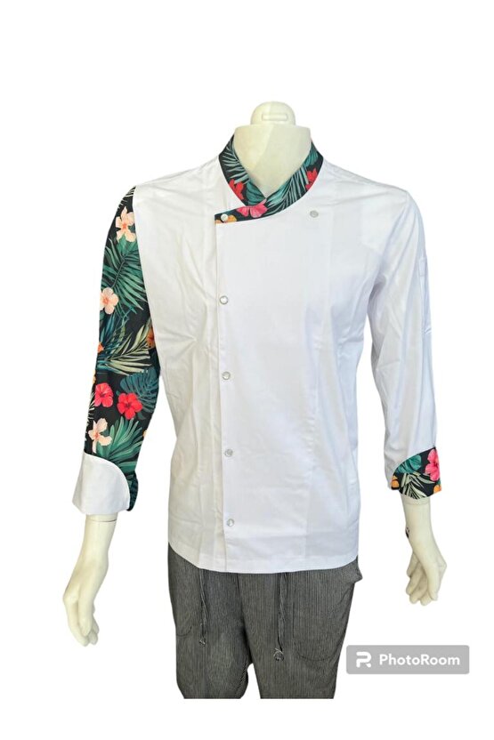 Beyaz Renk Çiçek Desenli Aşçı Ceket Chef Master Ceketi Mutfak kıyafeti Mutfak Uzun kollu İş Ceketi