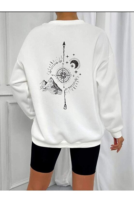 Oversize Pusula Baskılı Beyaz Sweatshirt