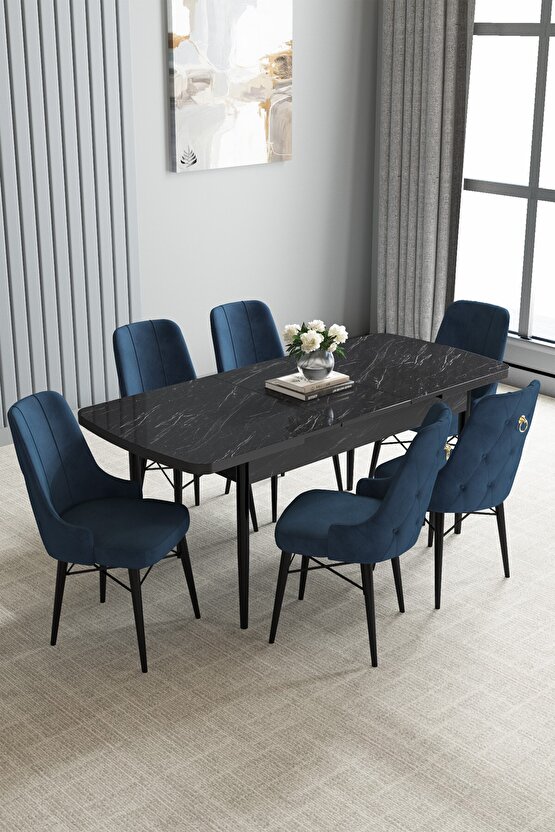 Loft Siyah Mermer Desen 80x132 Açılabilir Mutfak Masası Takımı 6 Adet Sandalye