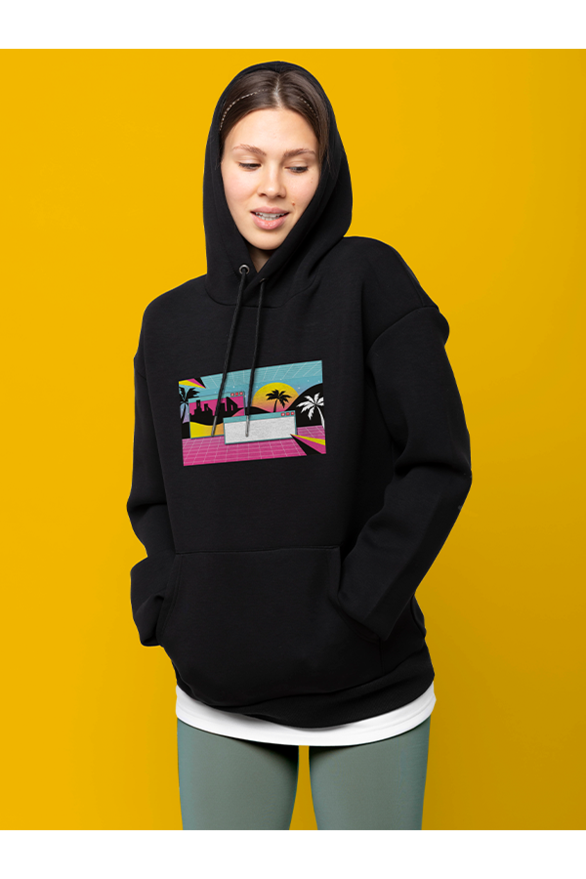 MIJUSTORE Vapor Wave Pc Design Baskılı Tasarım 3 İplik Kalın Siyah Hoodie Sweatshirt