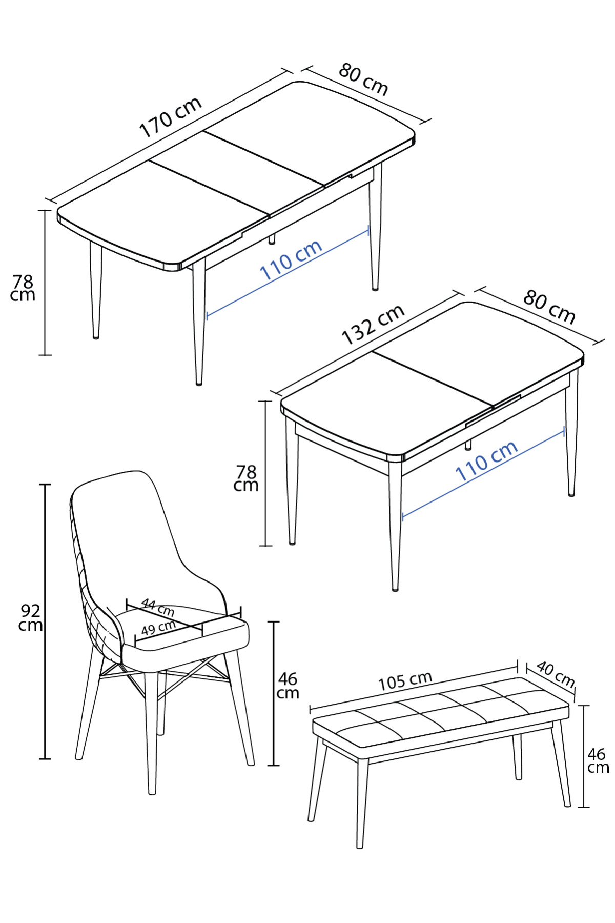 Rovena Queen Siyah Mermer Desen 80x132 Açılabilir Mutfak Masası Takımı 4 Sandalye 1 Bench