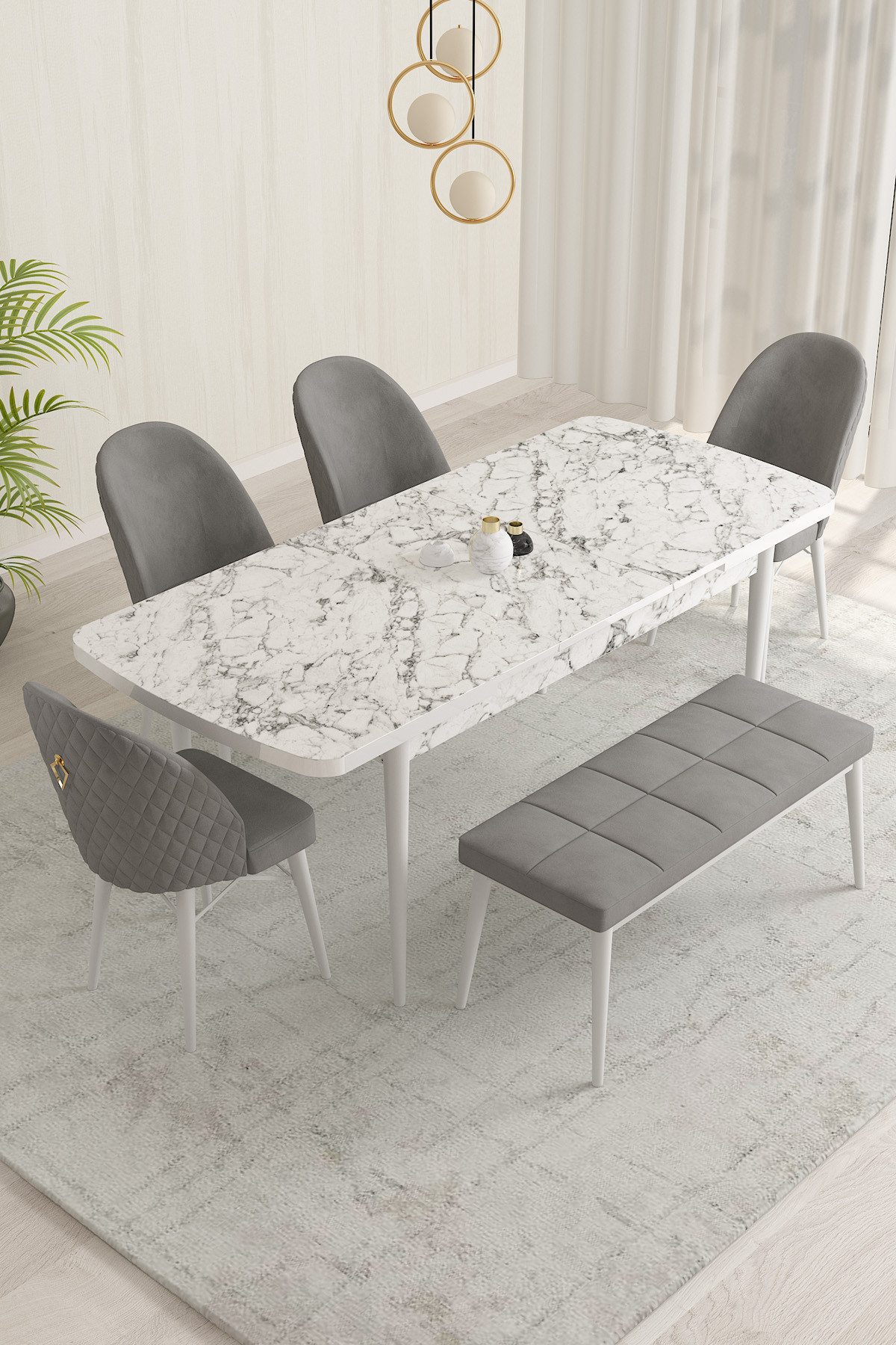Rovena Marsilya Beyaz Mermer Desen 80x132 Mdf Açılabilir Yemek Masası Takımı 4 Sandalye 1 Bench