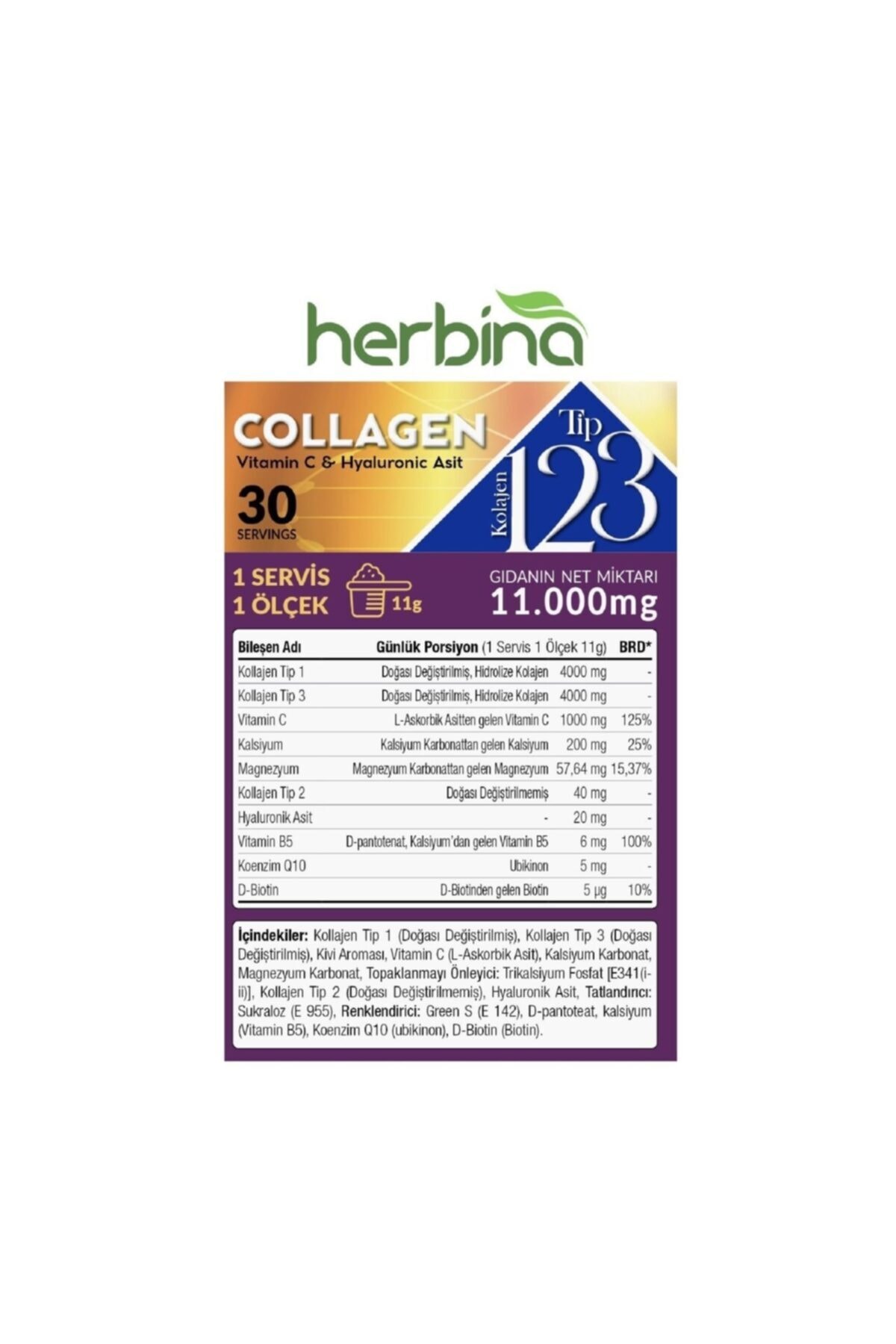 Herbina Tip 1 2 3 Kollajen Karışımı Kivi Aromalı 30lu Kutu