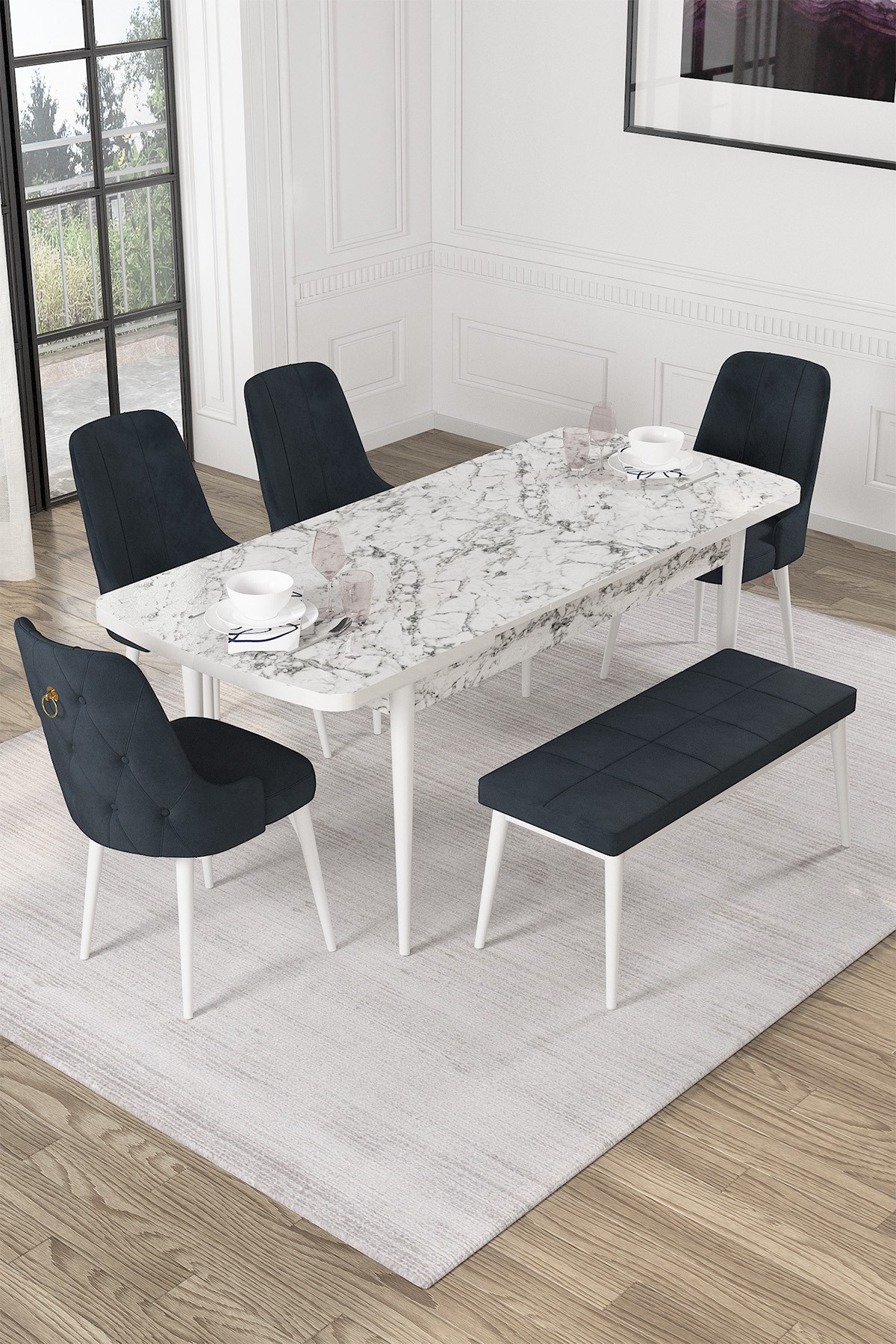 Rovena Alya Beyaz Mermer Desen 80x132 Mdf Açılabilir Yemek Masası Takımı 4 Sandalye 1 Bench