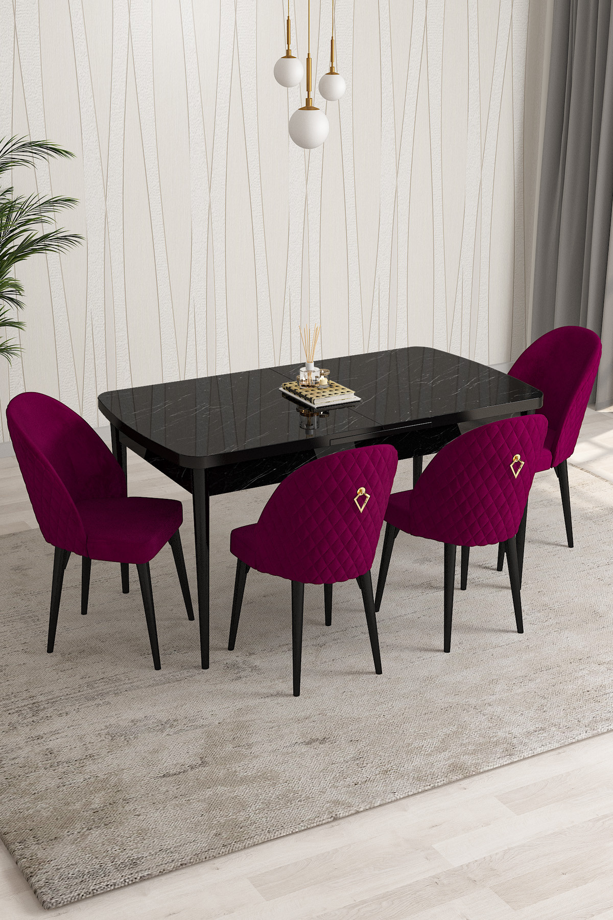 Rovena Modica Siyah Mermer Desen 80x132 Açılabilir Yemek Masası Takımı 4 Adet Sandalye