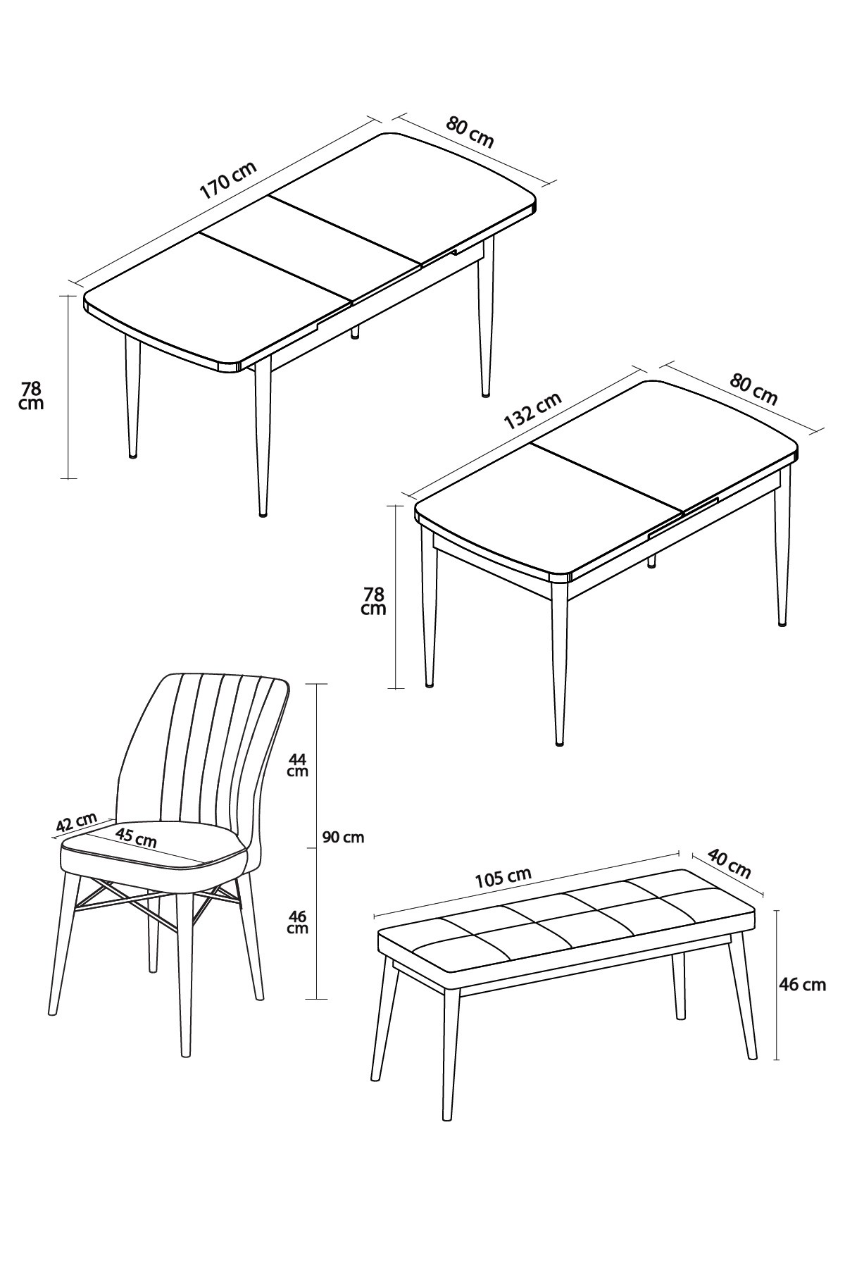 Rovena Arel Barok Desen 80x132 Mdf Açılabilir Mutfak Masası Takımı 4 Sandalye 1 Bench