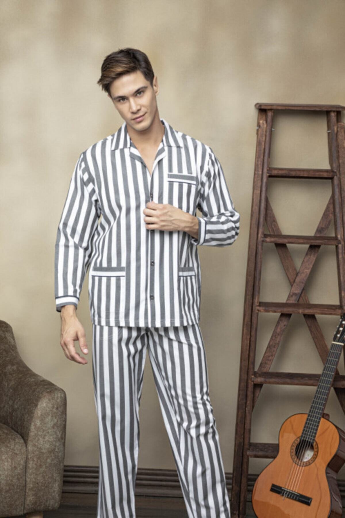 KLY Erkek Antrasit Boy Çizgili Poplin Kumaş Pijama Takımı