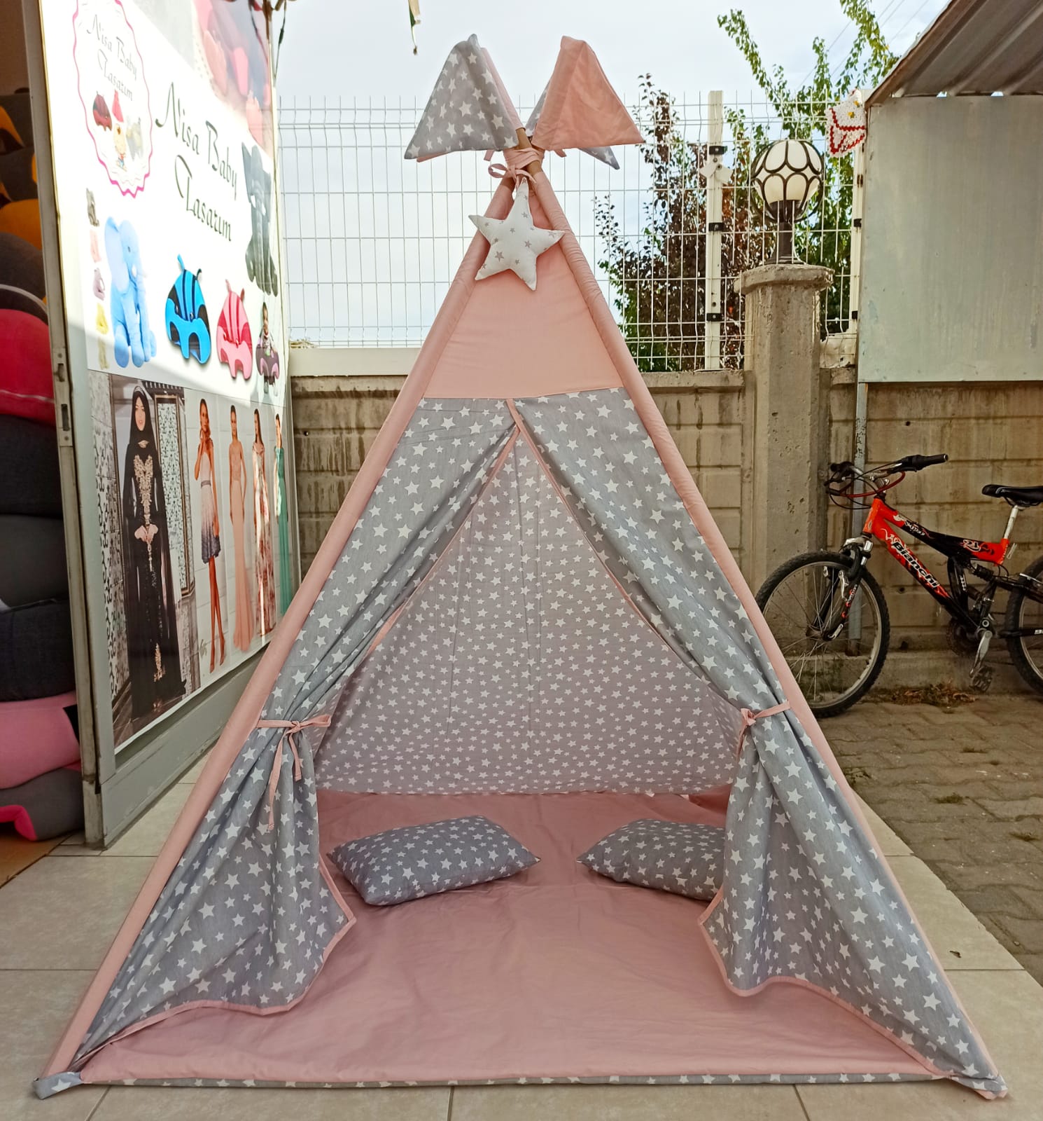 nisa baby tasarım BÜYÜK BOY KIZILDERİLİ OYUN ÇADIRI sabitleme aparartı hediyelidir pudra-gri